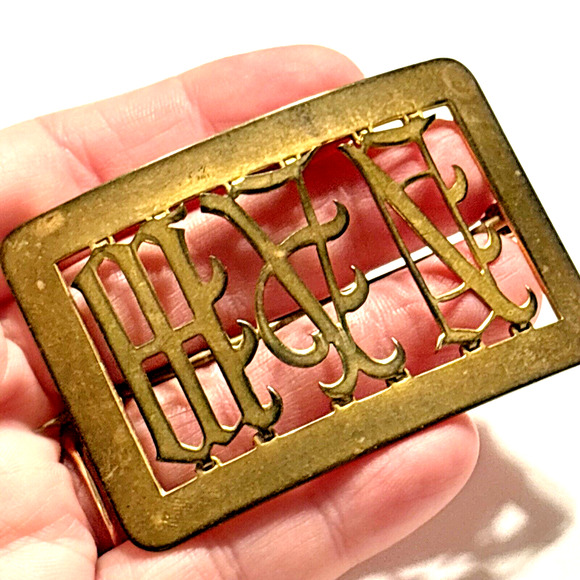 Antique Victorian Brooch Scarf Pin Monogram Insignia Goldtone Brass? Rectangle - Picture 8 of 10